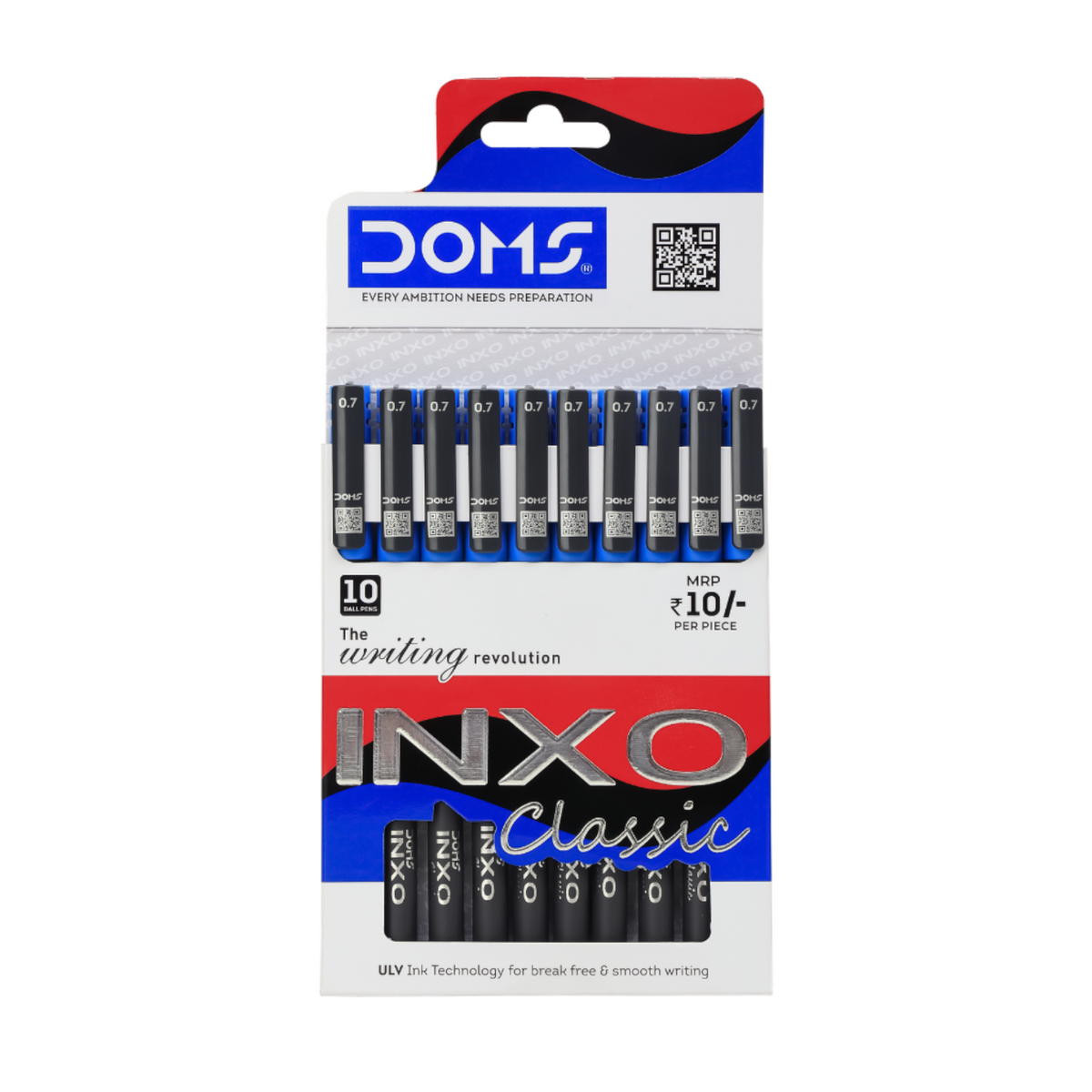 DOMS INXO Classic Ball Pens Pack – 0.7mm Tip | Pack of 10 Pens | Smooth ULV Ink Technology | Blue, Black & Red Pens