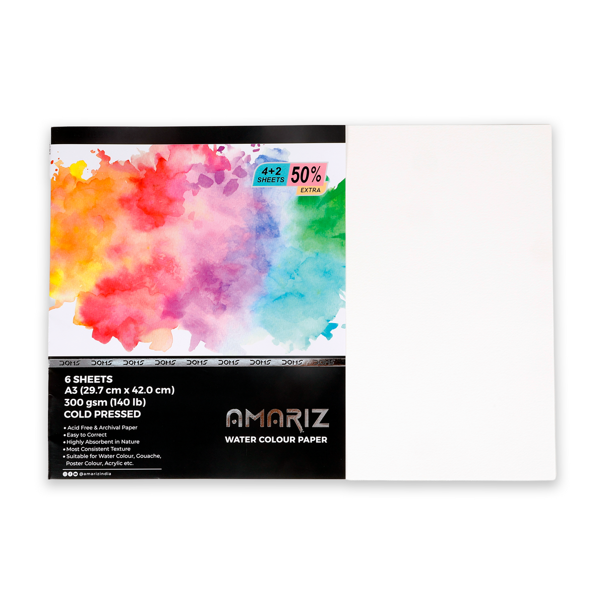 DOMS Amariz Watercolour Paper Sheets | 300 GSM Cold Pressed Acid-Free Watercolour Paper Pad | A3, A4 & A5 Sizes for Watercolour, Acrylic & Mixed Media Art