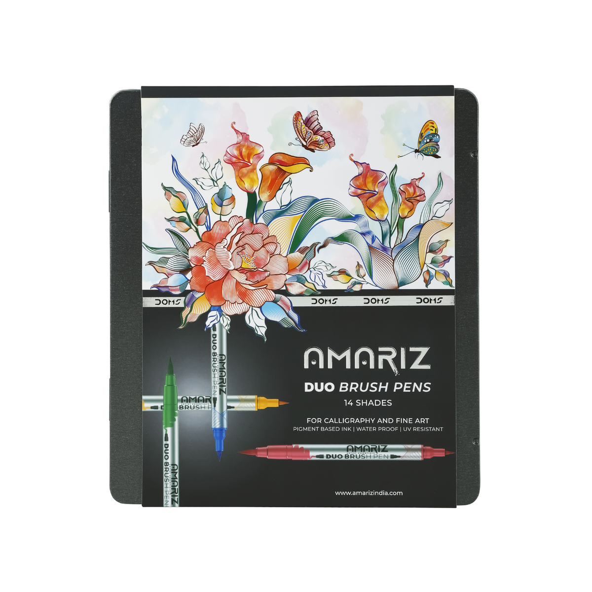 DOMS Amariz Duo Brush Pens Set of 14 Shades | Dual Tip Brush & Fine Pens | Waterproof Ink | Calligraphy, Coloring & Illustration Markers