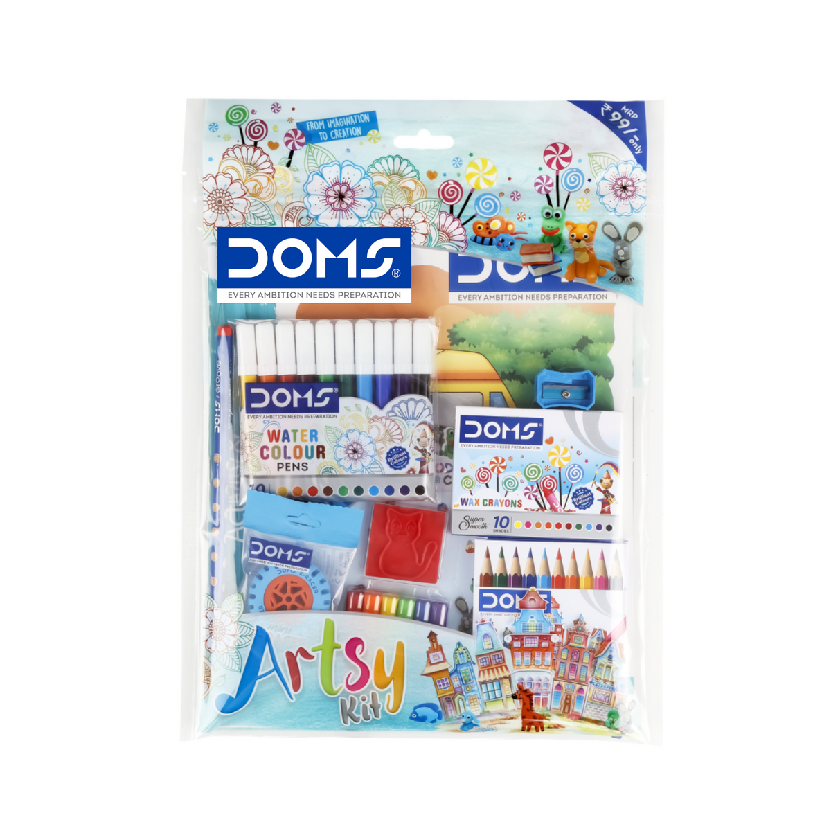 DOMS Artsy Art & Craft Kit for Kids – Complete Creative Stationery Set with Colour Pencils, Wax Crayons, Water Colour Pens, Modelling Clay & Colouring Book