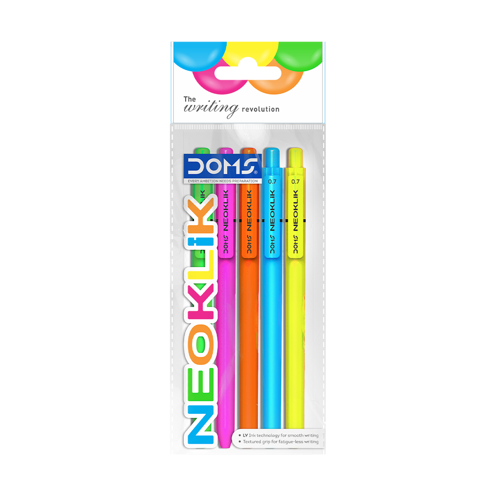 DOMS NEOKLIK Ball Pen 0.7 mm – Smooth Blue Ink Pens | Pack of 5 Multicolor Body Pens for School, Office & Daily Writing