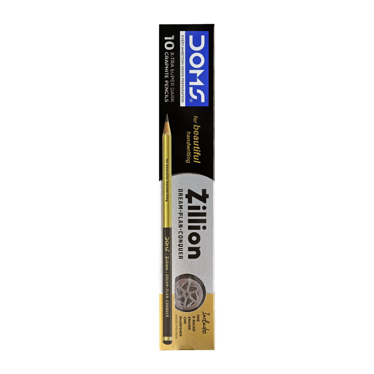 DOMS Zillion X-Tra Super Dark Graphite Pencils Pack of 10 with Sharpener & Eraser | Premium Writing Pencils for Students