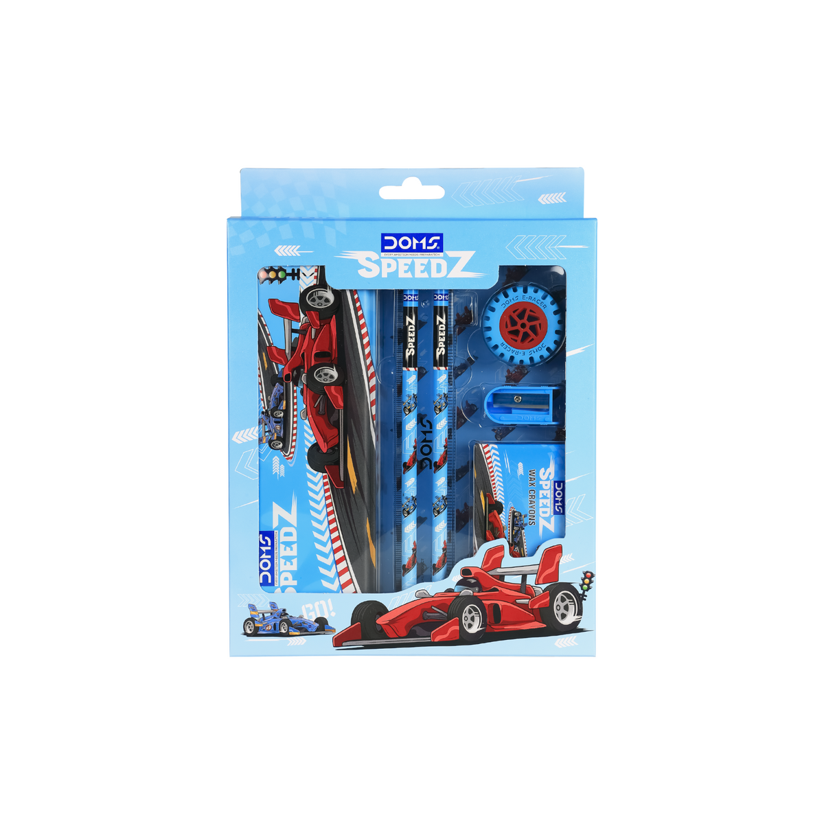 DOMS Speedz Kit Kids Stationery Set with Pencil Box, Wax Crayons, Pencils, Eraser, Sharpener & Scale | Complete School Kit