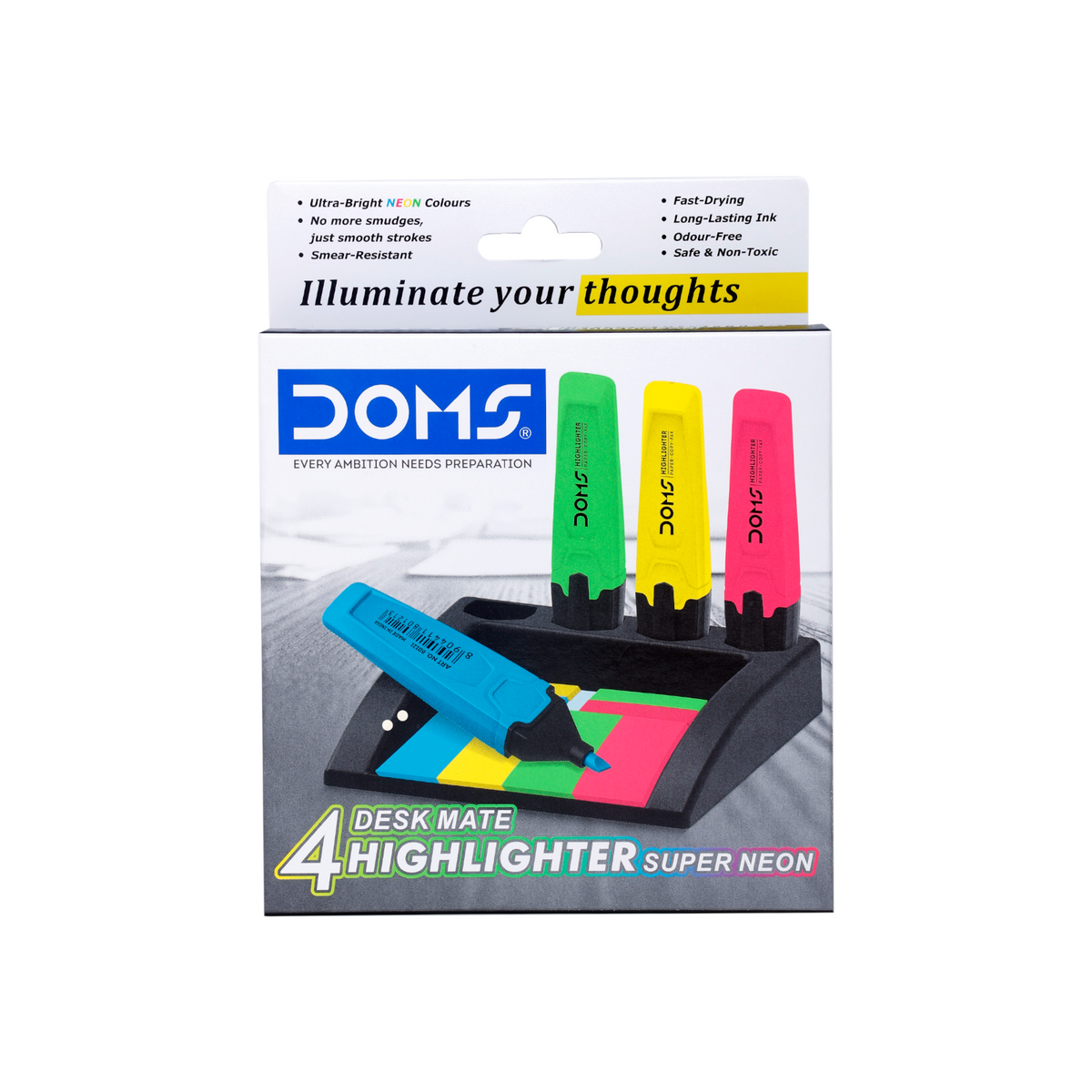 DOMS Deskmate 4 Assorted Highlighter Pens- 4 Pack Fluorescent Markers + Sticky Notes Desk Organizer Kit
