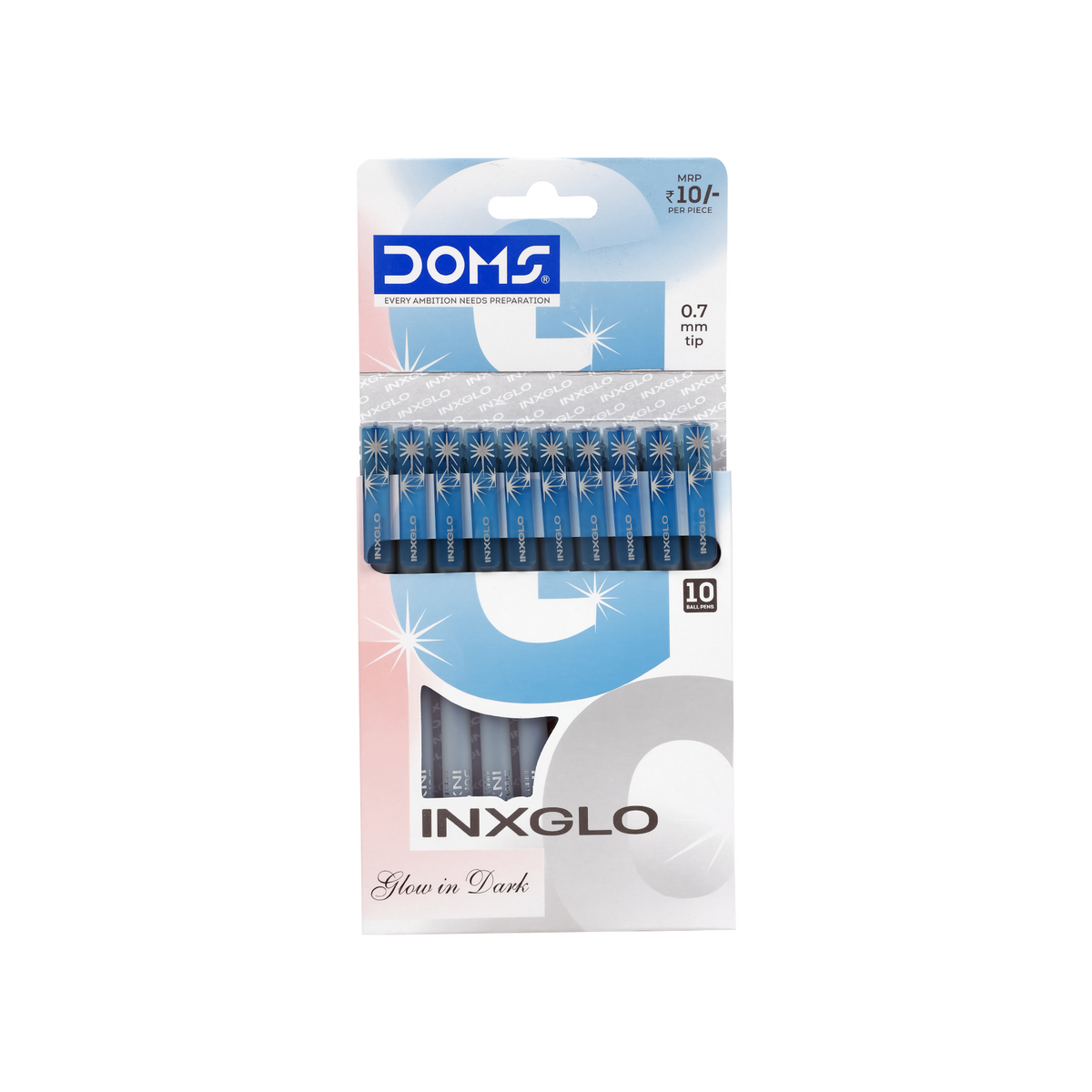 DOMS INXGLO Glow in the Dark Ball Pen Pack of 10 – 0.7 mm Smooth Writing Pens | Blue, Black & Red Ink | Luminous Body Pens for School & Office