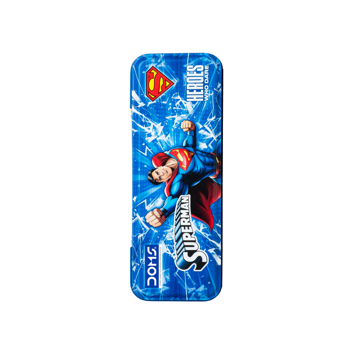 DOMS Superman Metal Tin Pencil Box | Car-Shaped Durable Kids Storage Case | Spacious & Travel-Friendly Pencil Case | Official licensed Merchandise