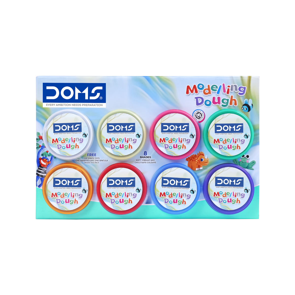 DOMS Modelling Dough 8 Shades (200g) – Soft Non-Toxic Clay Dough Set for Kids with Tools | Easy Moulding Art & Craft Kit