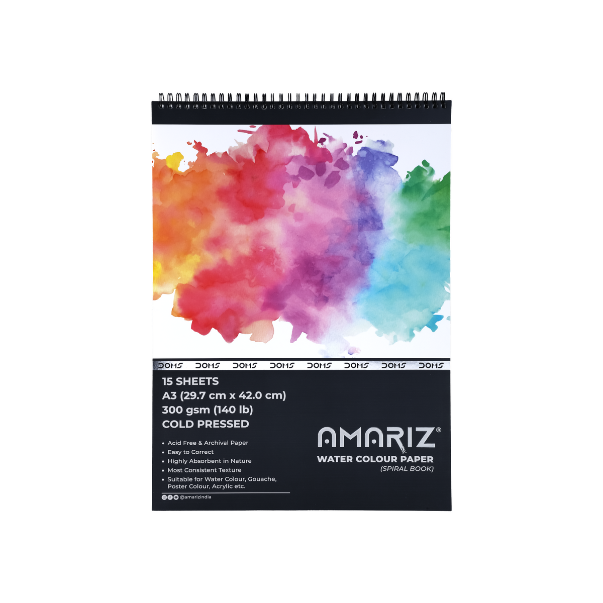 DOMS Amariz Water Colour Book 300 GSM | Cold Pressed Spiral Watercolor Paper Pad for Watercolour, Gouache, Acrylic & Poster Colours | Acid-Free Artist Sketchbook