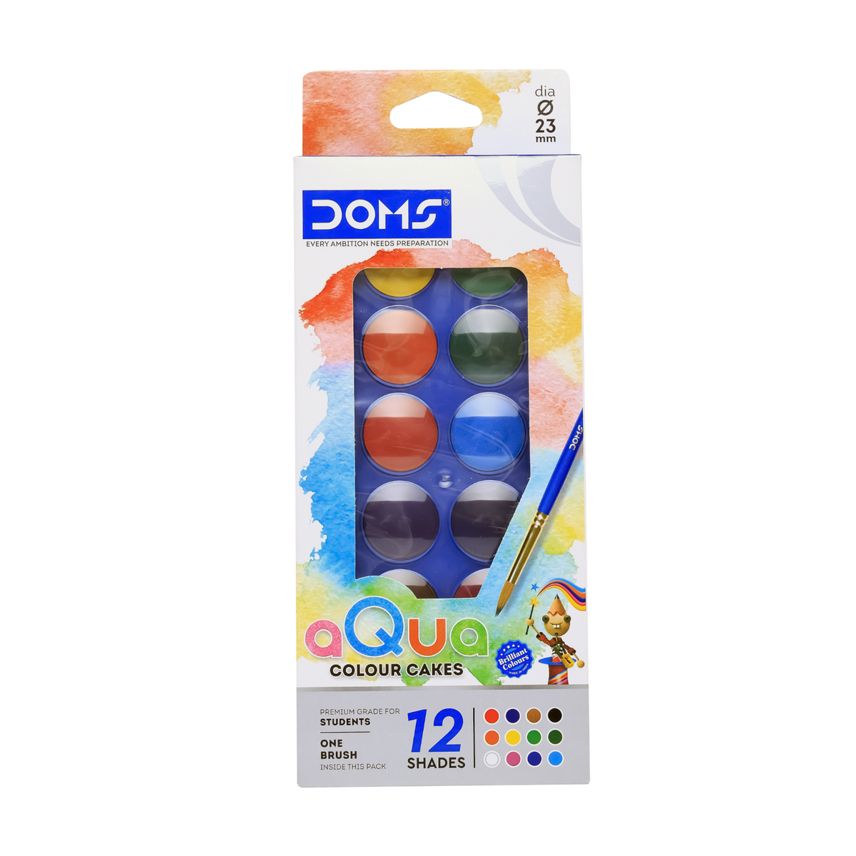 DOMS Aqua Water Colour Cakes (23 mm) – Rich & Bright Colours with Brush | Rich Pigment Watercolor Set with Intermixing Palette
