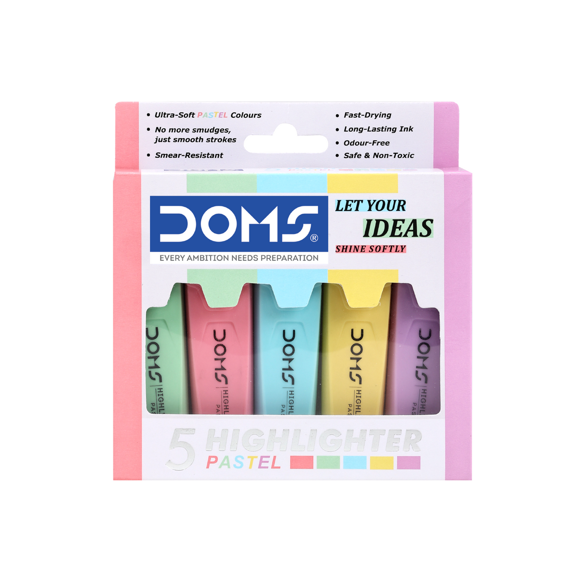 DOMS Pastel Highlighters Set of 5 – Soft Color Highlighter Pens, Smudge-Free, Fast Drying, Non-Toxic Study & Office Supplies
