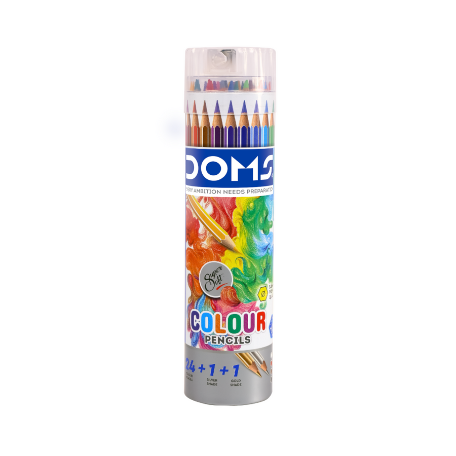 DOMS Full Size Colour Pencils | Round tin box | Sharpener Storage Tube | 12 & 24 Shades