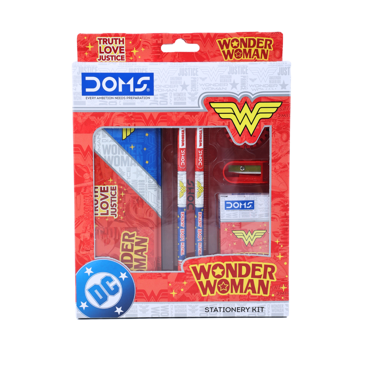 DOMS Wonder Woman Stationery Kit – Kids School Supplies Set with Pencils, Eraser, Sharpener & Ruler | Superhero Theme Gift Kit for Girls