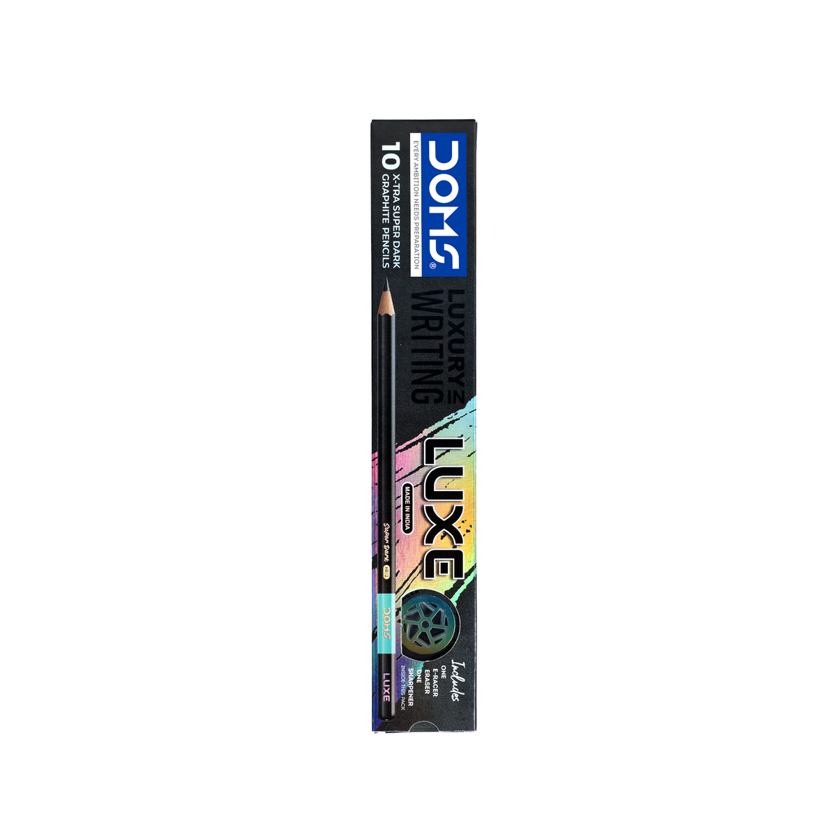 DOMS LUXE Graphite Pencils HB/2 – Pack of 10 | X-Tra Super Dark Pencils for Writing, Drawing & Sketching | Includes Eraser & Sharpener