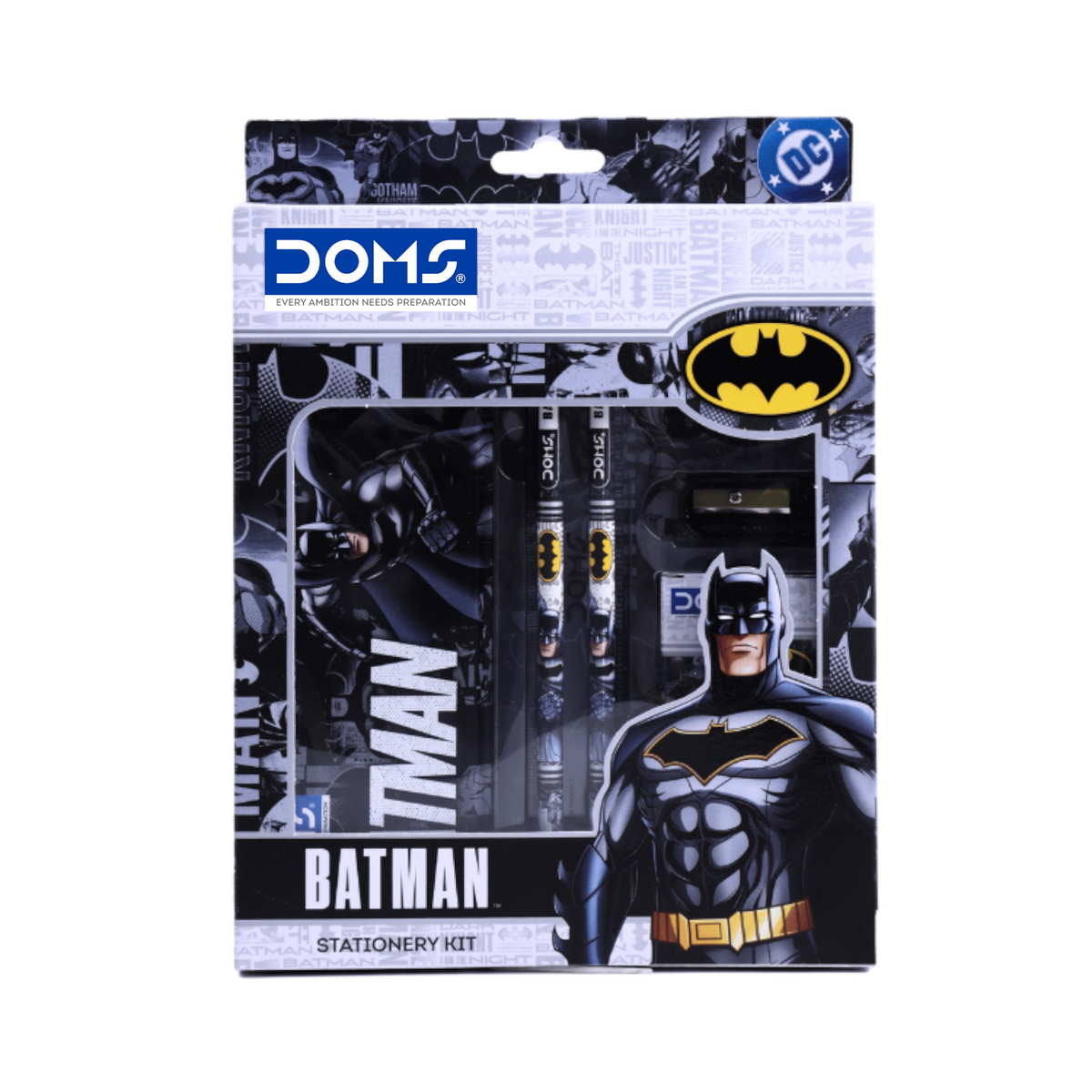 DOMS Batman Stationery Kit with Metal Tin Box – Kids School Kit with 12 Wax Crayons, Pencils, Sharpener, Eraser & Scale | DC Superhero Gift Set