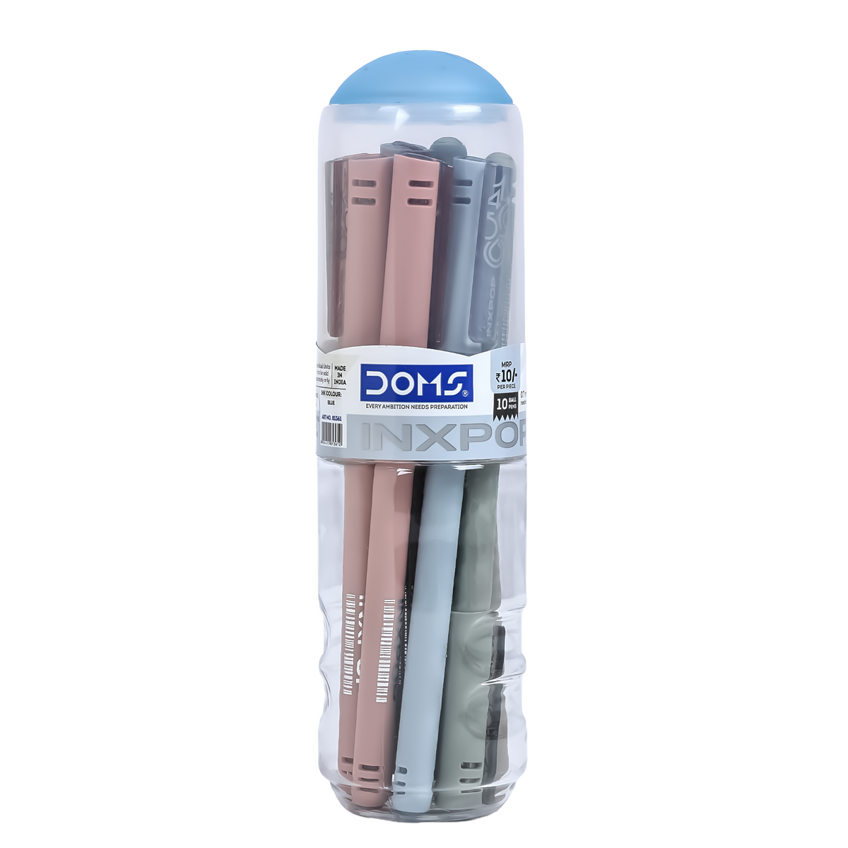 DOMS INXPOP Ball Pen Jar Pack of 10 – 0.7 mm Smooth Writing Pens | Blue, Black & Red Ink | Premium Pastel Pens in Capsule Bottle
