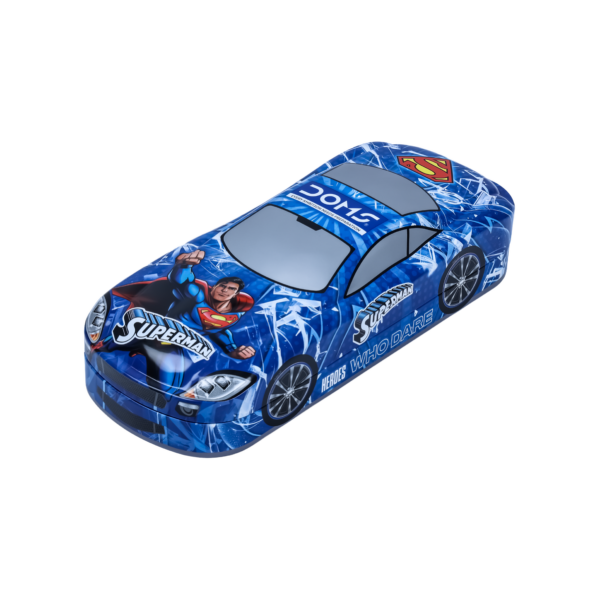 DOMS Superman Car Tin Box – Premium Metal Pencil Box with Double Tray | Durable Superhero Storage Case for Kids | Spacious & Travel-Friendly Organizer | Official licensed Merchandise