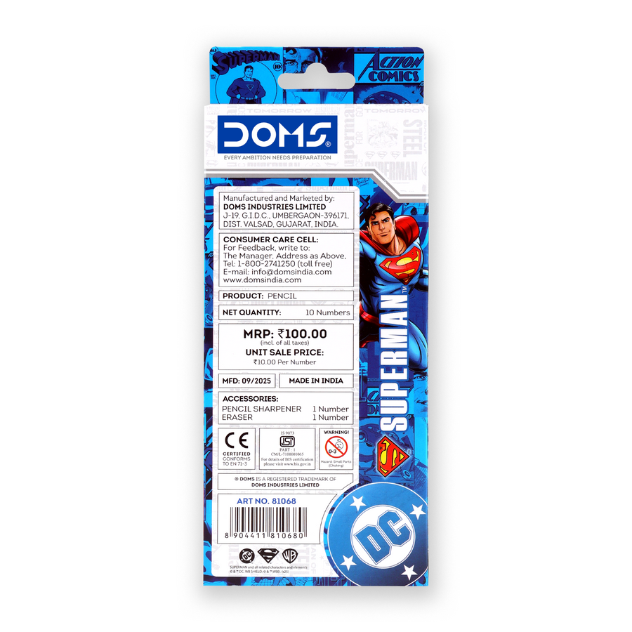 DOMS Superman Pencil Set | Superman-themed designs Pencils|Super Dark Writing |  Pencils with Sharpener& Eraser for School Kids | Official Licsenced Merchandise