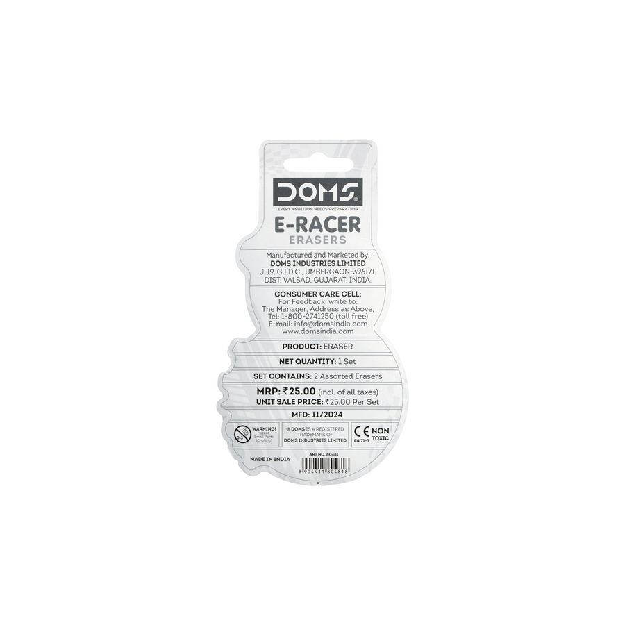 DOMS E RACER Eraser | Premium Smudge-Free Pencil Eraser | Dust-Free, Non-Toxic School & Office Stationery for Clean Erasing
