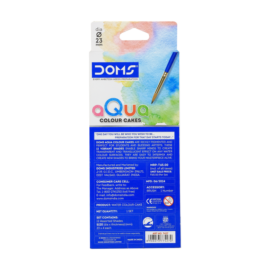 DOMS Aqua Water Colour Cakes (23 mm) – Rich & Bright Colours with Brush | Rich Pigment Watercolor Set with Intermixing Palette
