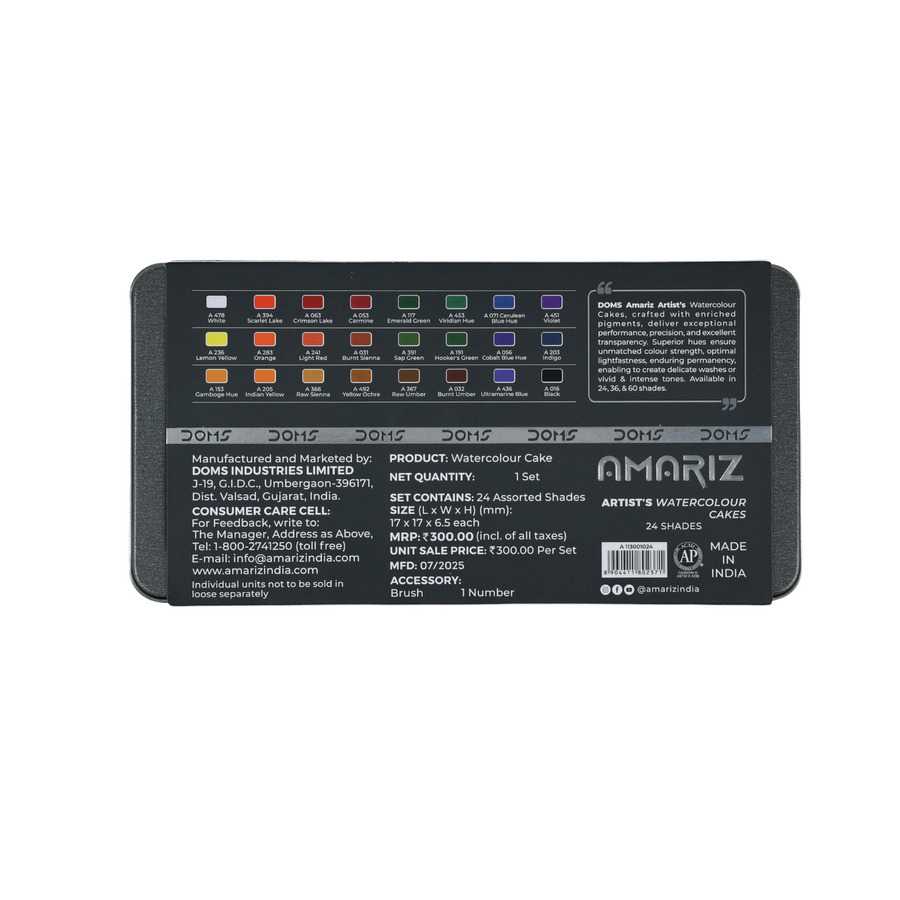DOMS AMARIZ Artist’s Watercolour Cakes 24 Shades | Premium Water Colour Cake Set with Brush & Mixing Palette for Artists, Students & Beginners