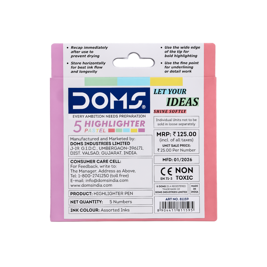DOMS Pastel Highlighters Set of 5 – Soft Color Highlighter Pens, Smudge-Free, Fast Drying, Non-Toxic Study & Office Supplies