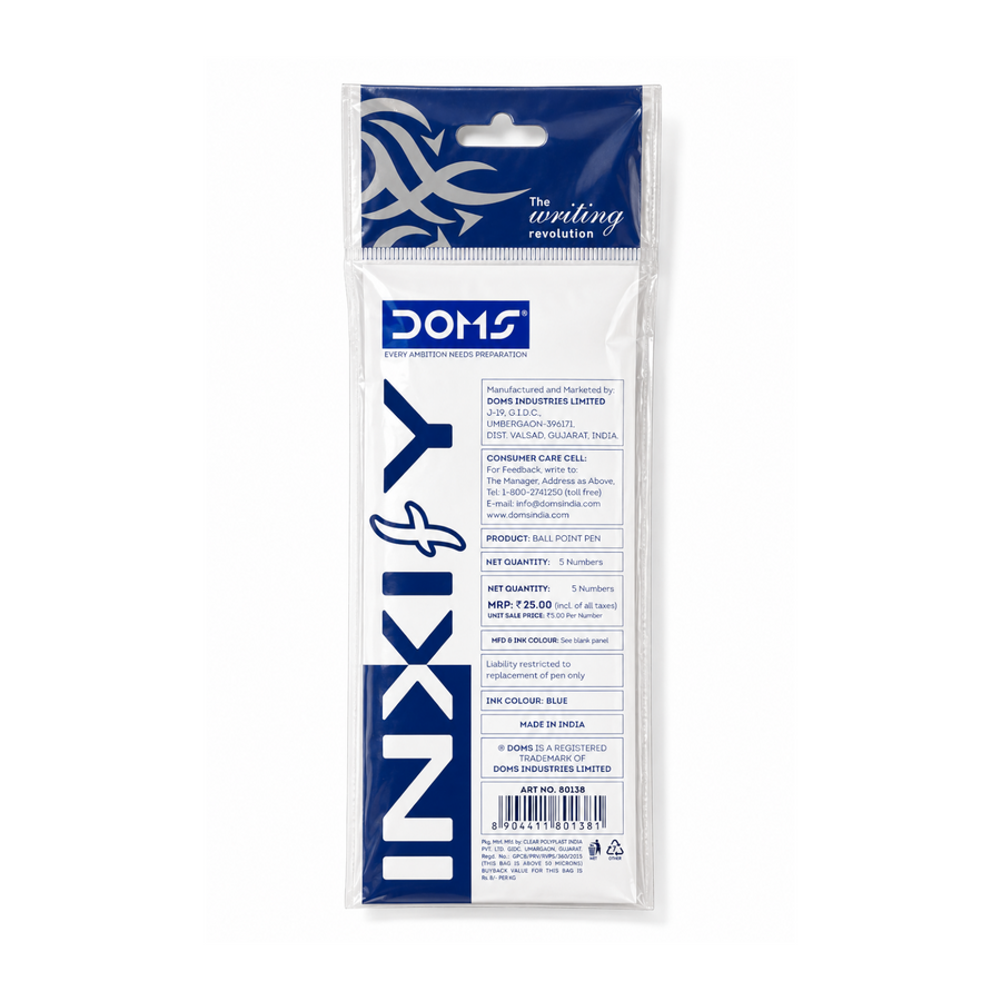 DOMS INXIFY Ball Pens Pack of 5 – Smooth Writing Ball Point Pens, Blue, Black & Red Ink Pens for School, Office & Daily Use