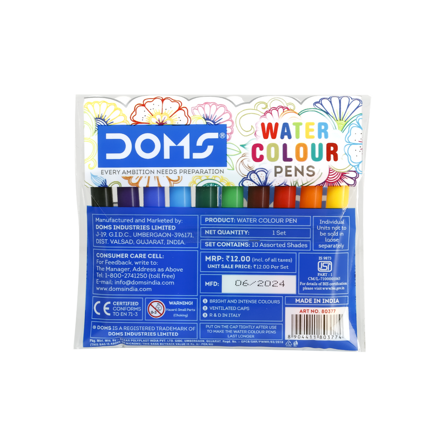 DOMS Water Colour Pens  | Compact Water-Based Colour Pens for Kids, Drawing & Coloring