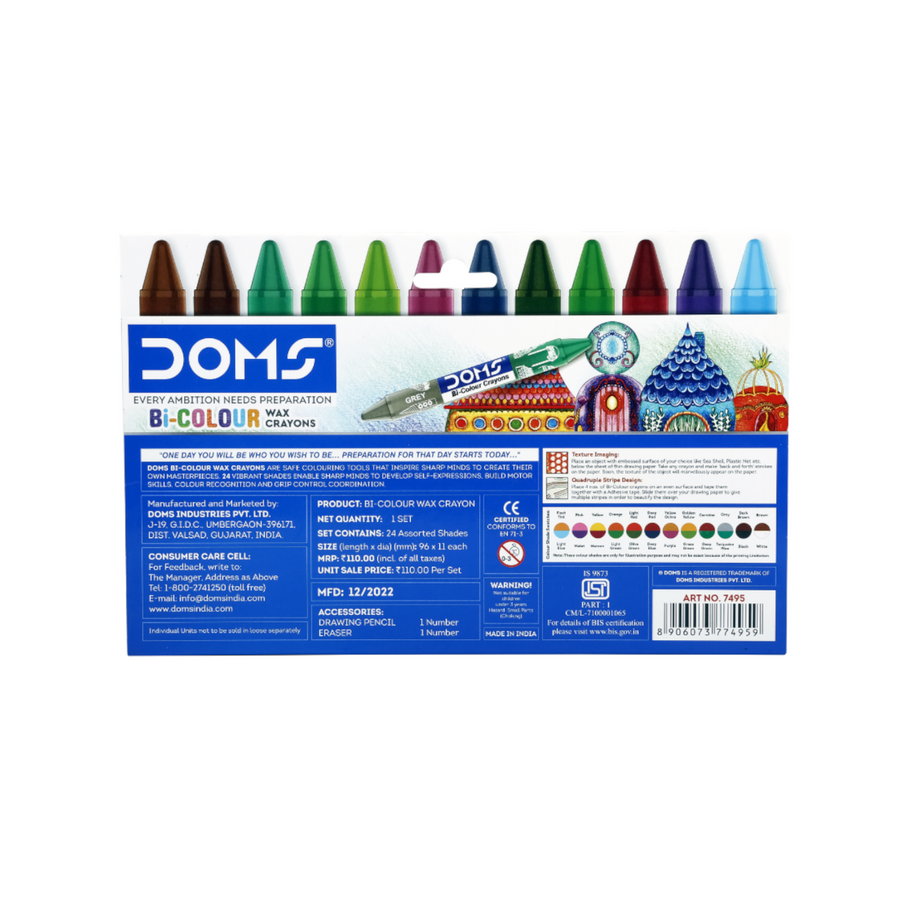 DOMS Bi-Colour Wax Crayons – 12 Crayons (24 Shades) | Dual Colour Super Smooth Crayons for Kids