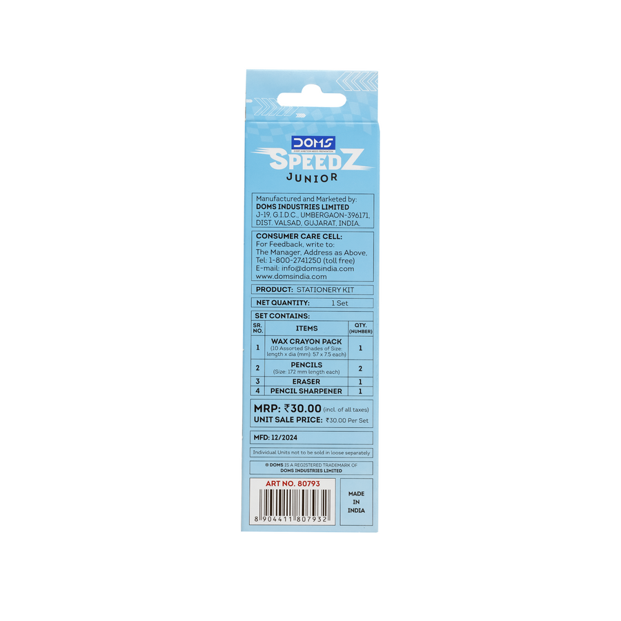 DOMS Speedz Junior Stationery Kit – Kids Racing Theme Colouring & Writing Combo with Wax Crayons, Pencil, Eraser & Sharpener