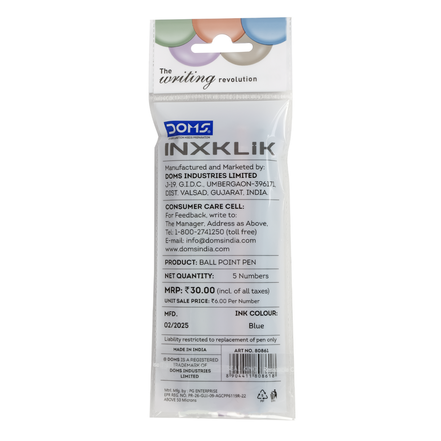 DOMS INXKLIK Ball Pens Pack – 0.7mm Smooth Writing Pens | Pack of 5 Pens | Premium Matte Finish | Available in Blue, Black & Red Ink | Stylish Ball Point Pens for School & Office