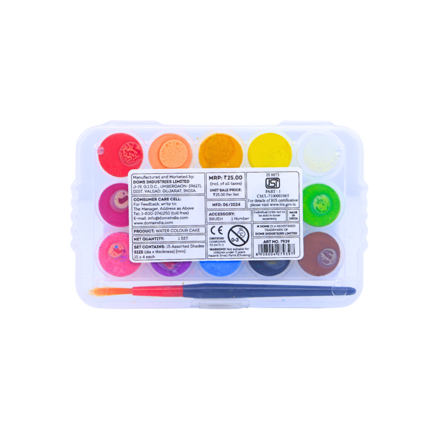DOMS Aqua Water Color Cakes (15 mm) –  Vibrant Shades with Brush | Smooth & Washable Watercolour Set for Kids & Artists