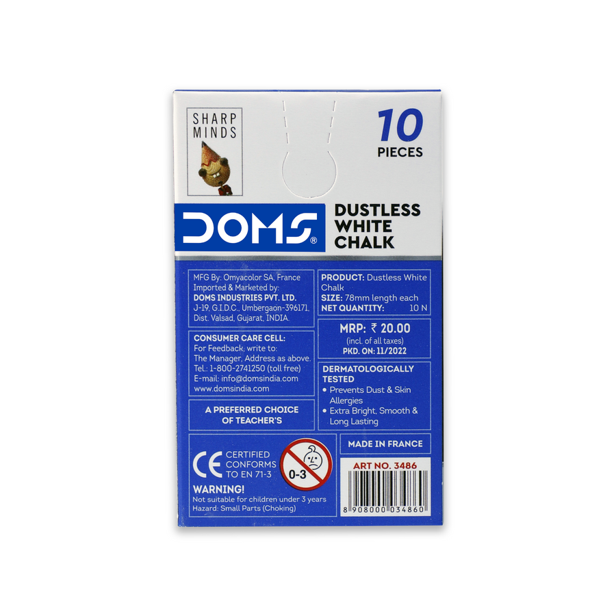 DOMS Dustless Chalk – 10 Pieces | Smooth Writing Anti-Dust Chalk Sticks | Classroom, School & Office Chalkboard Use
