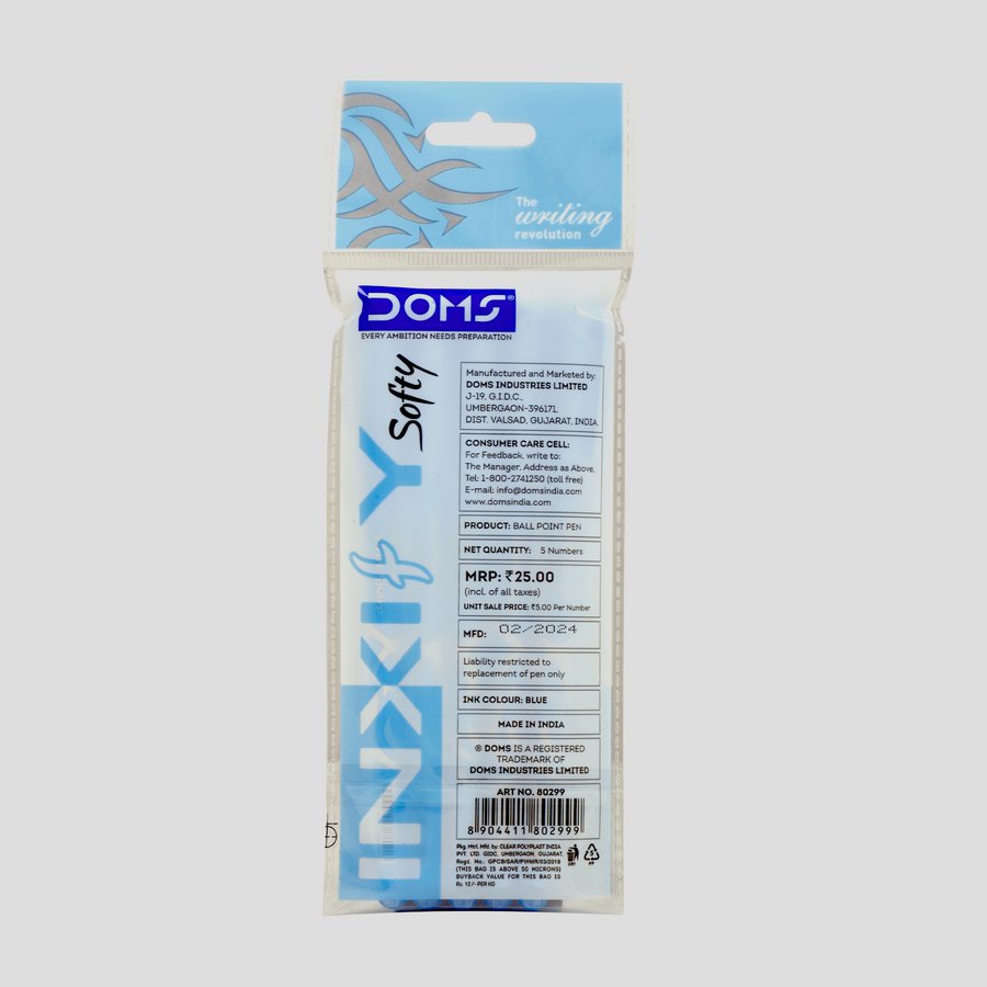 DOMS INXIFY Softy Ball Pens Pack of 5 – Smooth Writing Pens with LV Ink Technology, Blue, Black & Red Ink Pens for School, Office & Daily Use