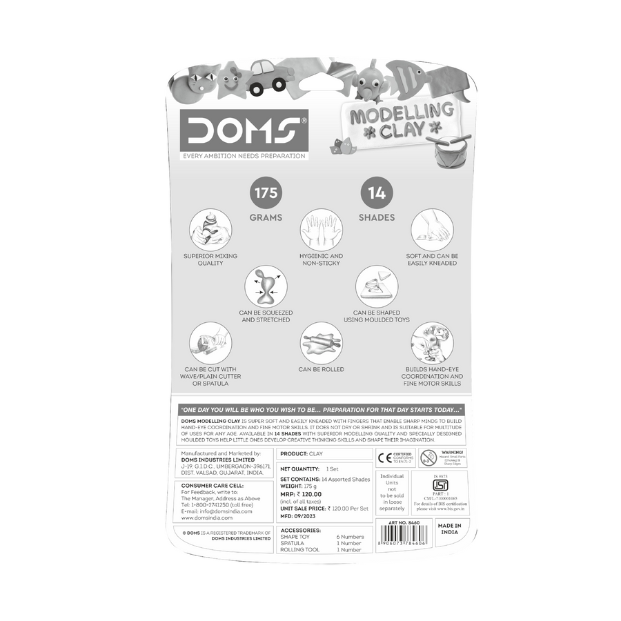 DOMS Modelling Clay 14 Shades (175g) with Tools | Soft Non-Toxic Clay Set for Kids Creative Play
