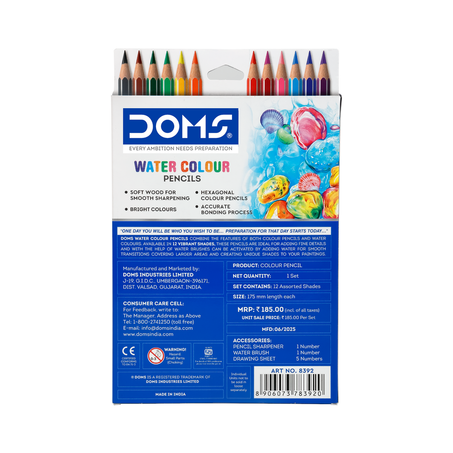 DOMS Water Colour Pencils Set Premium Watercolor Pencils with Brush & Sharpener | Smooth Blending, Rich Pigments for Kids, Students & Artists