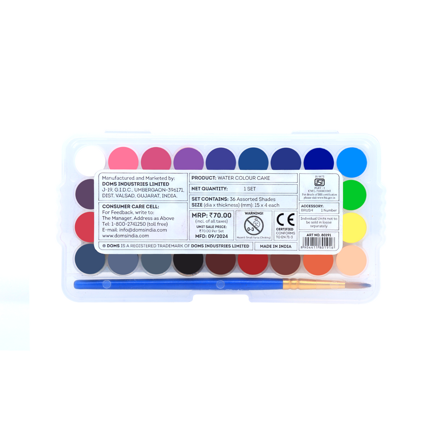DOMS Aqua Colour Cakes 36 Shades (15 mm) with Brush | Premium Watercolour Palette for Students & Artists