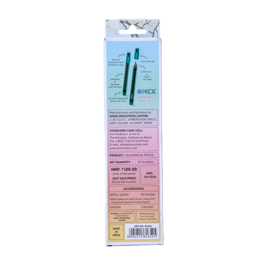 DOMS ONEX Wood Zero 2.0 mm Mechanical Pencil with Built-In Sharpener, Eraser & Refill Leads