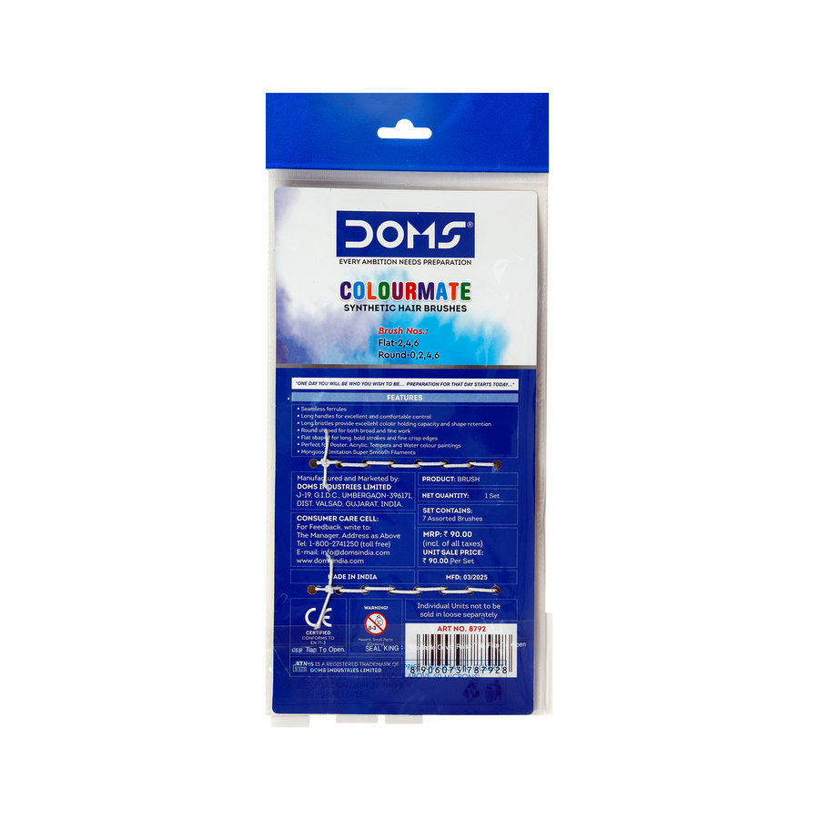 DOMS Colourmate Painting Brushes for School Art, Crafts & Hobby Painting | Synthetic Hair | Round, Flat & Combination Sets