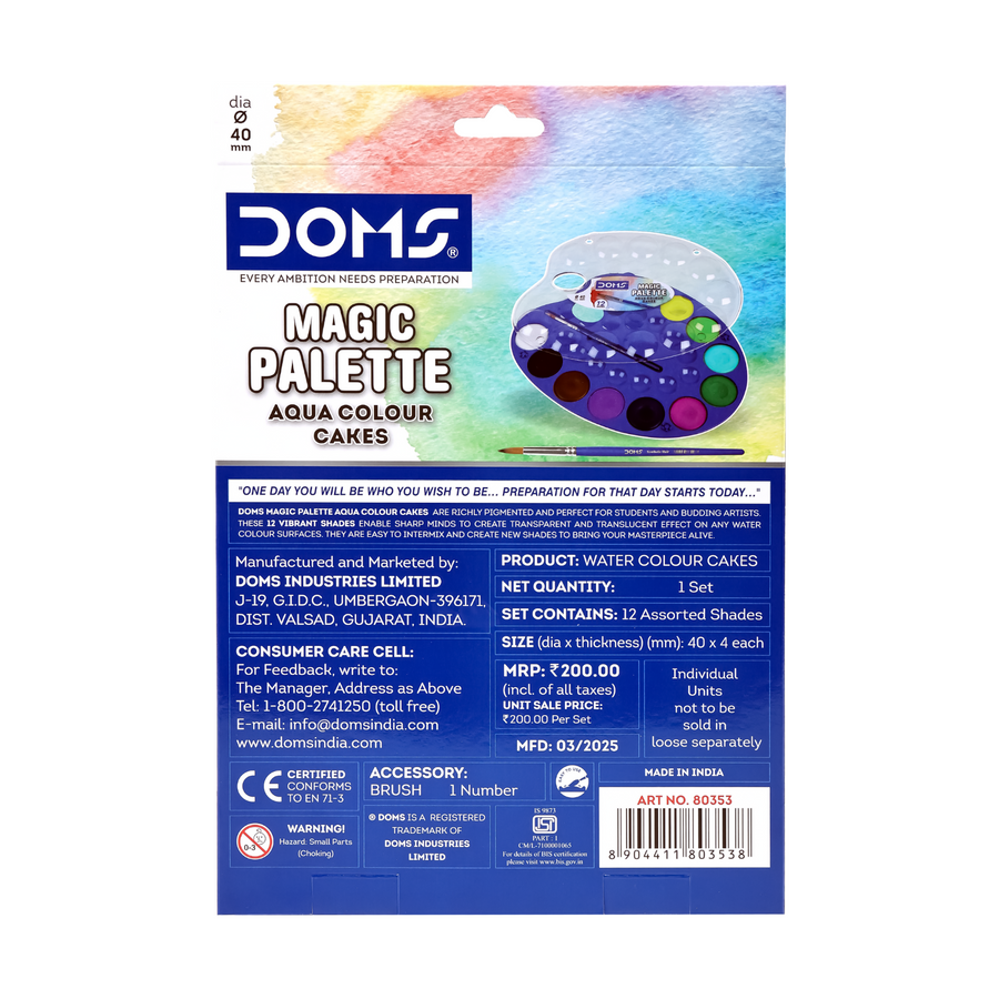 DOMS Magic Palette Aqua Color Cakes 12 Shades (40mm) | Large Pan Watercolor Paint Set | Non-Toxic, Vibrant & Smooth Blending Art Kit