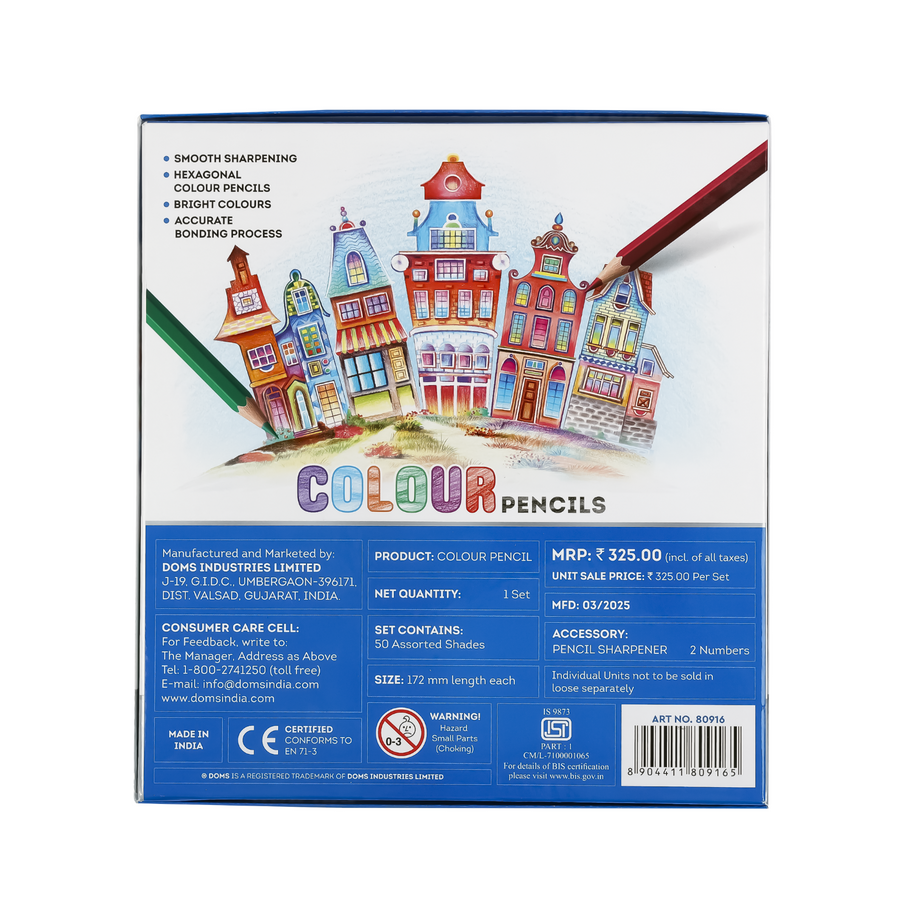 DOMS Full Size 50 Shades Colour Pencils Set with 2 Sharpeners | Premium Vibrant Coloring Pencils for Artists, Students & Professionals