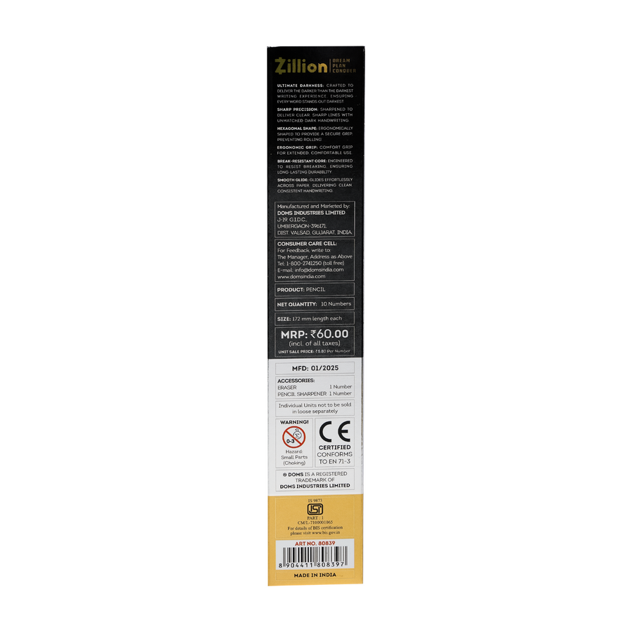 DOMS Zillion X-Tra Super Dark Graphite Pencils Pack of 10 with Sharpener & Eraser | Premium Writing Pencils for Students