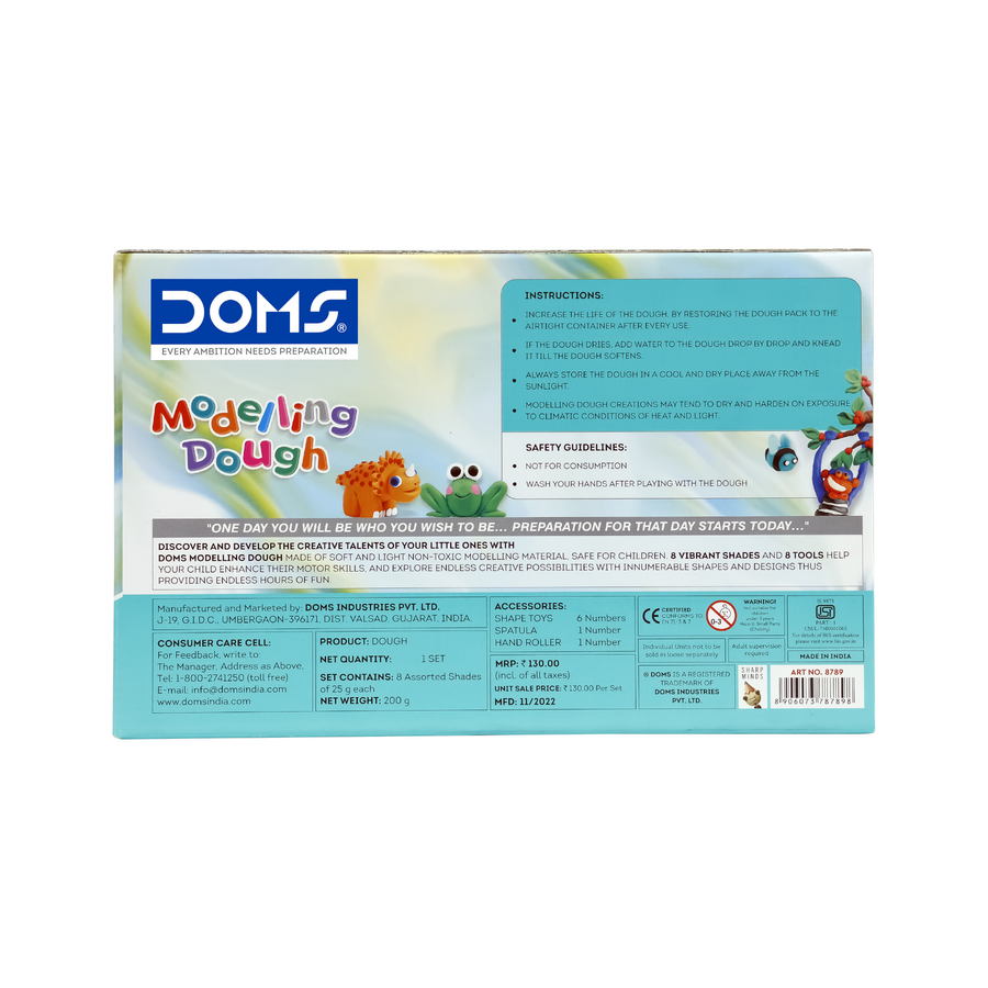 DOMS Modelling Dough 8 Shades (200g) – Soft Non-Toxic Clay Dough Set for Kids with Tools | Easy Moulding Art & Craft Kit