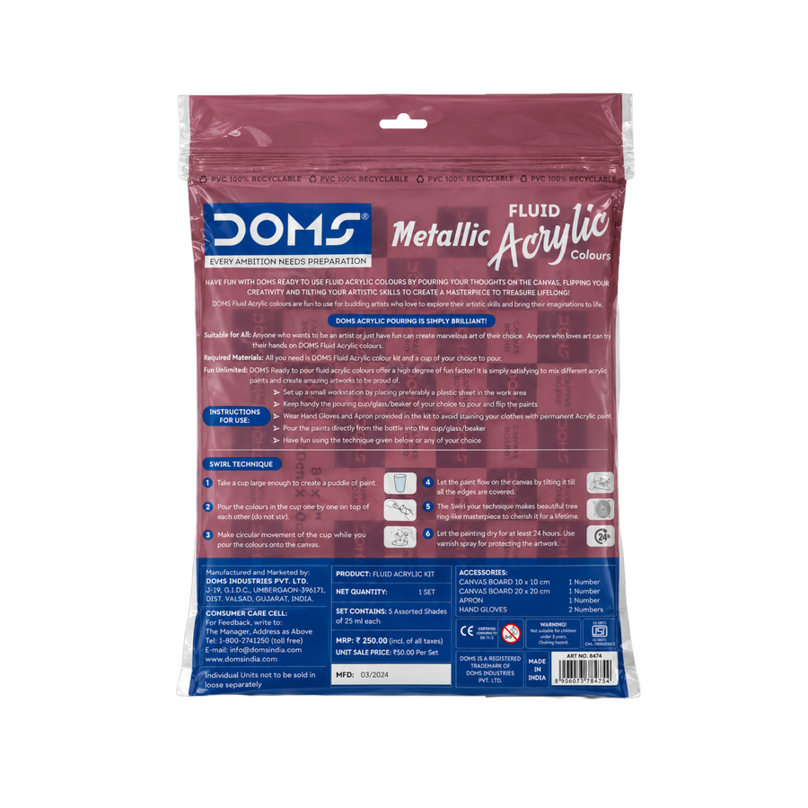 DOMS Hobby Essentials Metallic Fluid Acrylic Colours Kit 5 Assorted Shades, 25 ml Each | Ready-to-Pour Acrylic Paint Set with 2 Canvas Boards, Apron & Hand Gloves for Fluid Art & Pour Painting
