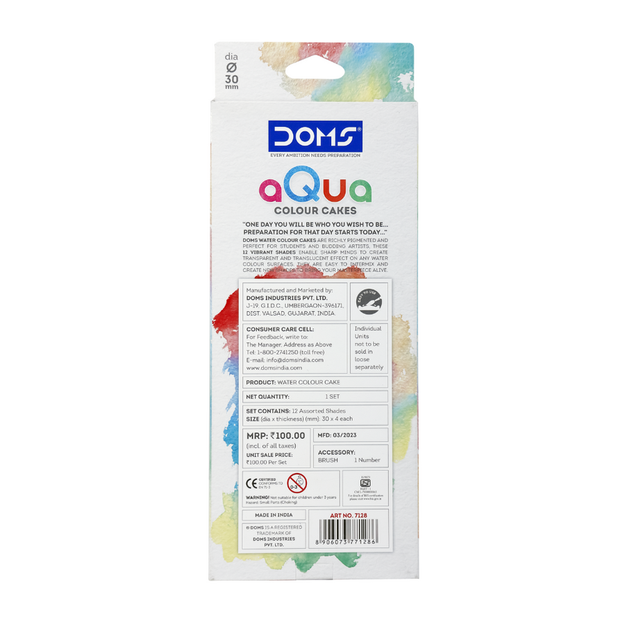 DOMS AQUA WCC 30mm Watercolor Paint Set | Vibrant Non-Toxic  Water Colors | Smooth Blending Art & Painting Kit for Kids & Artists