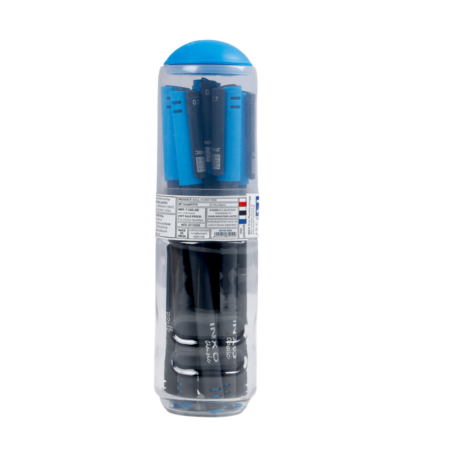 DOMS INXO Classic Ball Pen Jar Pack – 0.7mm Smooth Writing Pens | Jar of 10 pens | Available in Blue Ink Colour | Bulk Storage Bottle | ULV Ink Technology