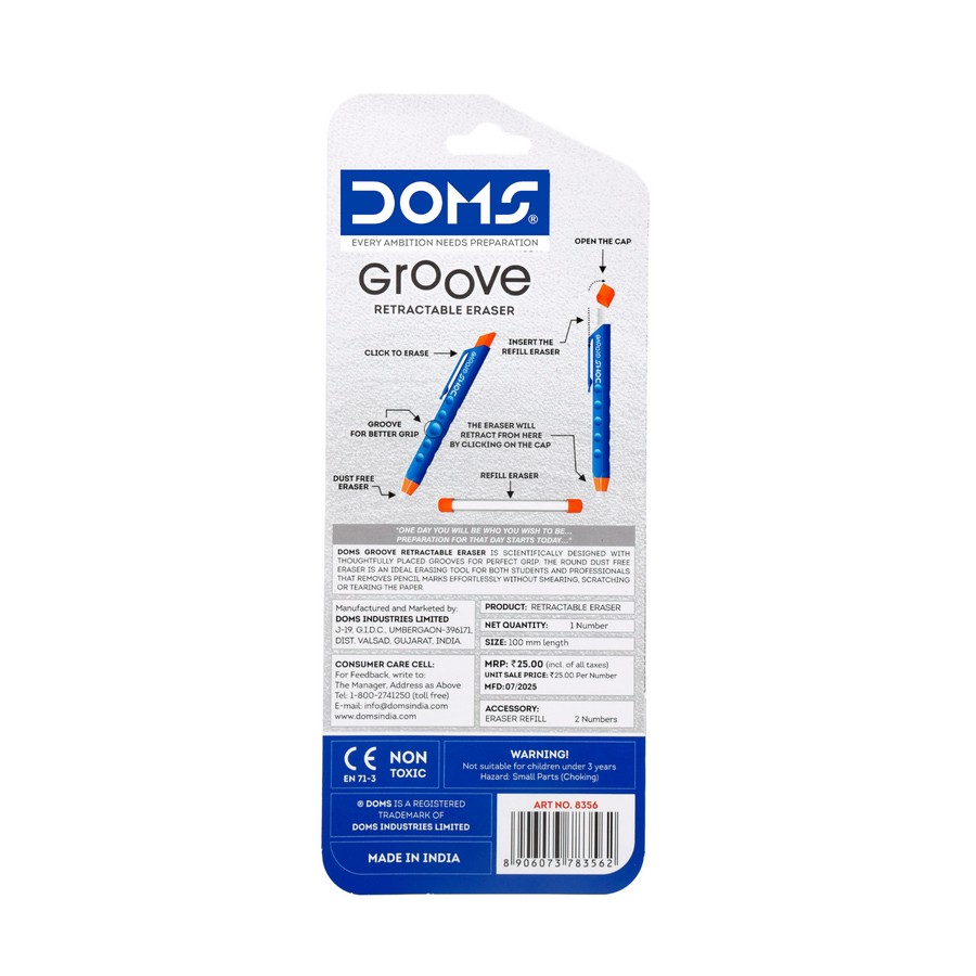 DOMS GROOVE Retractable Eraser | Precision Click Eraser Pen | Dust-Free, Smudge-Free, Non-Toxic Eraser for School, Office & Art