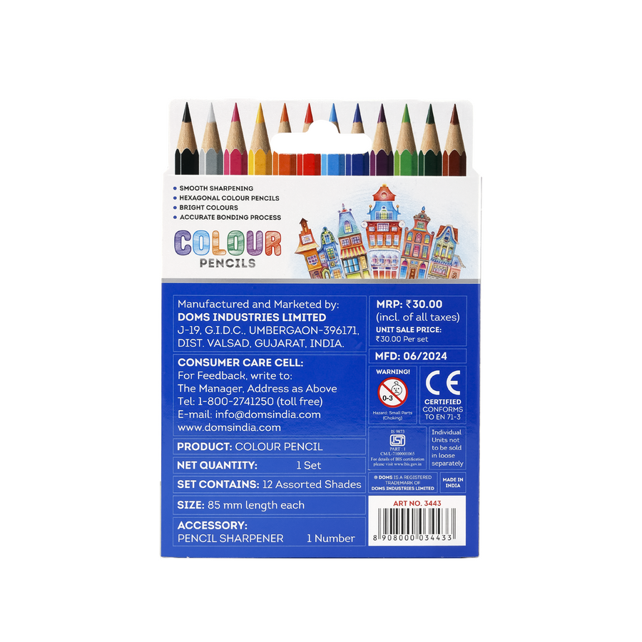 DOMS Half - Size  12 Shades Colour Pencils Set with Sharpener | Vibrant Coloring Pencils for Kids, Students & Artists