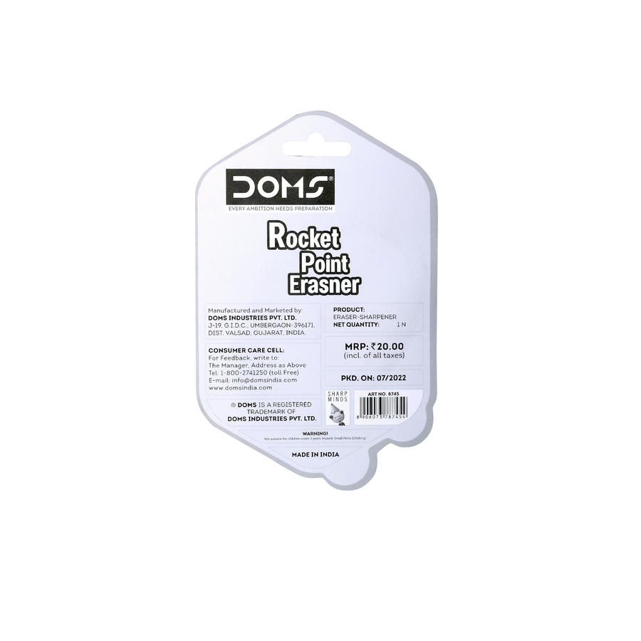 DOMS Rocket Point Erasner – 2-in-1 Eraser with Built-in Sharpener | Precision Erasing & Smooth Sharpening | Perfect for Students