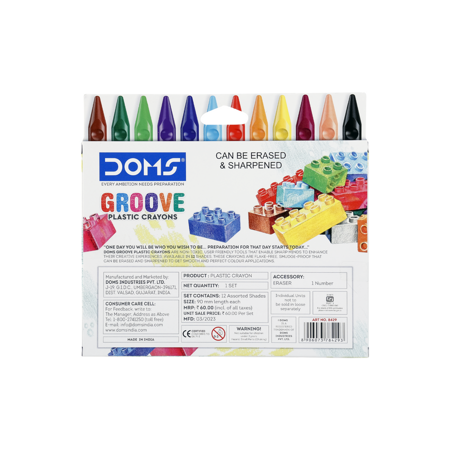 DOMS Groove Plastic Crayons – 12 Shades Erasable & Sharpenable Crayons with Grip Design | Smooth Colouring for Kids