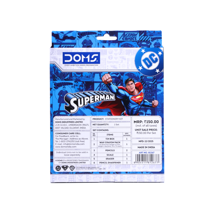 DOMS Superman Stationery Kit with Metal Tin Box, 12-Shade Wax Crayons, 2 Pencils, Eraser, Sharpener & Scale | School & Gifting Set